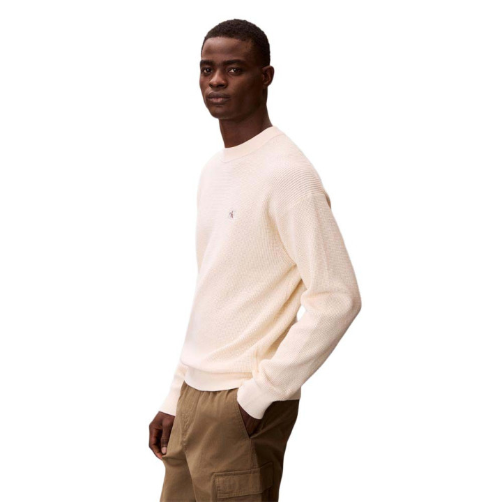 Calvin Klein Maglia Maniche Lunghe Waffle Logo Bianco Uomo
