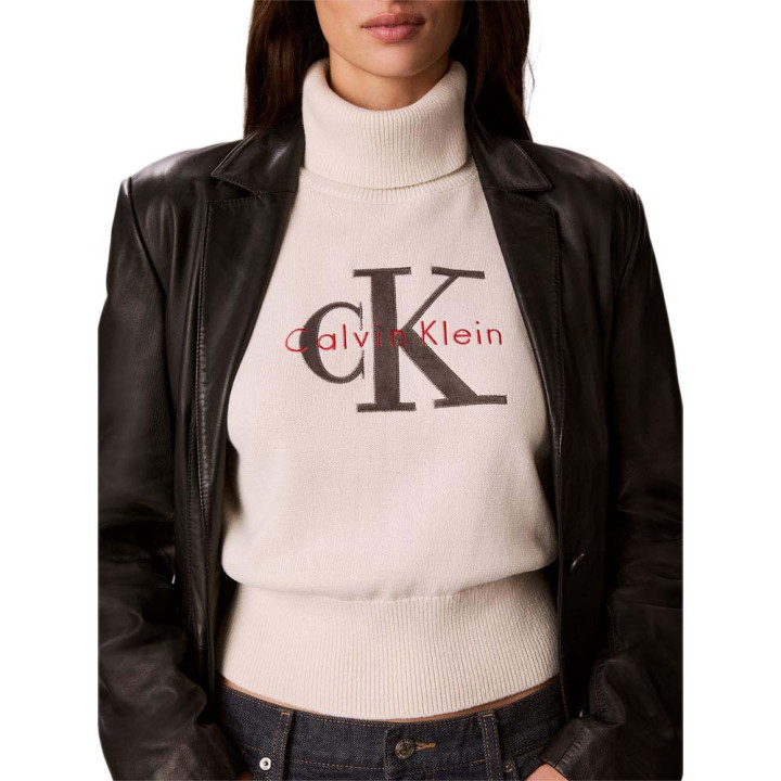 Calvin Klein Maglia Maniche Lunghe Dolcevita Big Logo Bianco Donna
