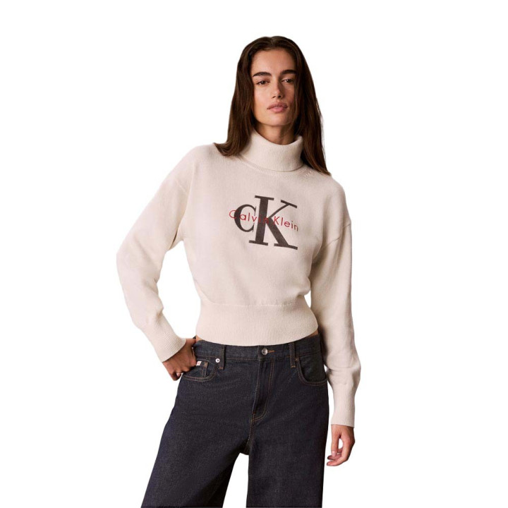 Calvin Klein Maglia Maniche Lunghe Dolcevita Big Logo Bianco Donna
