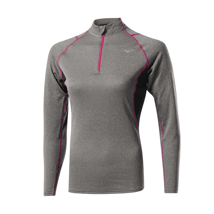 Mizuno Bt T-Shirt Ml Run 1/2 Zip Wool Finegrey/Pink Donna